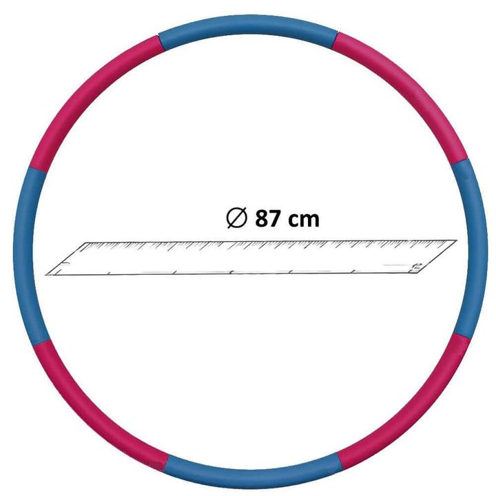 Hula-hoop bicolore, blu e rosa. Diametro 87 cm. Scala per la dimensione.