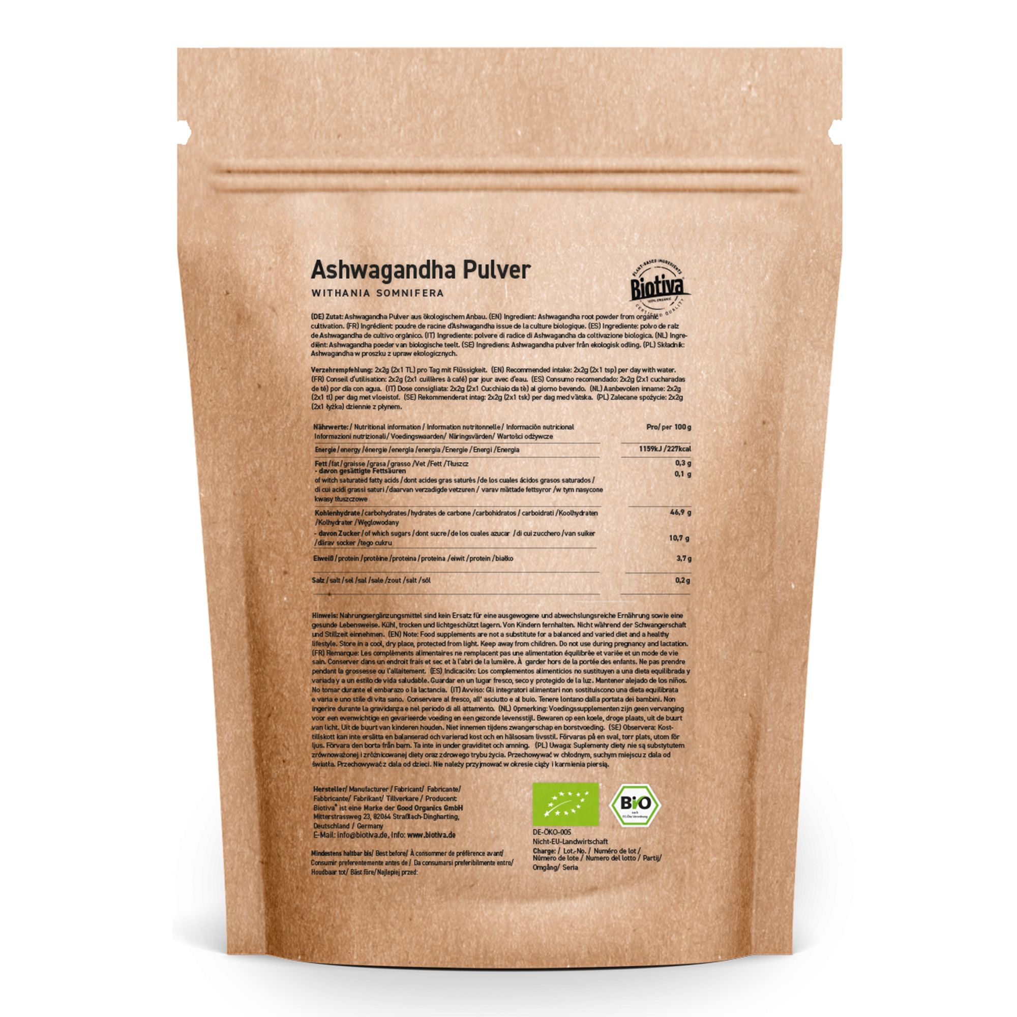 Confezione in carta marrone con stampa. Testo: Ashwagandha Pulver, Biotiva, marchio bio. Testo sul retro.