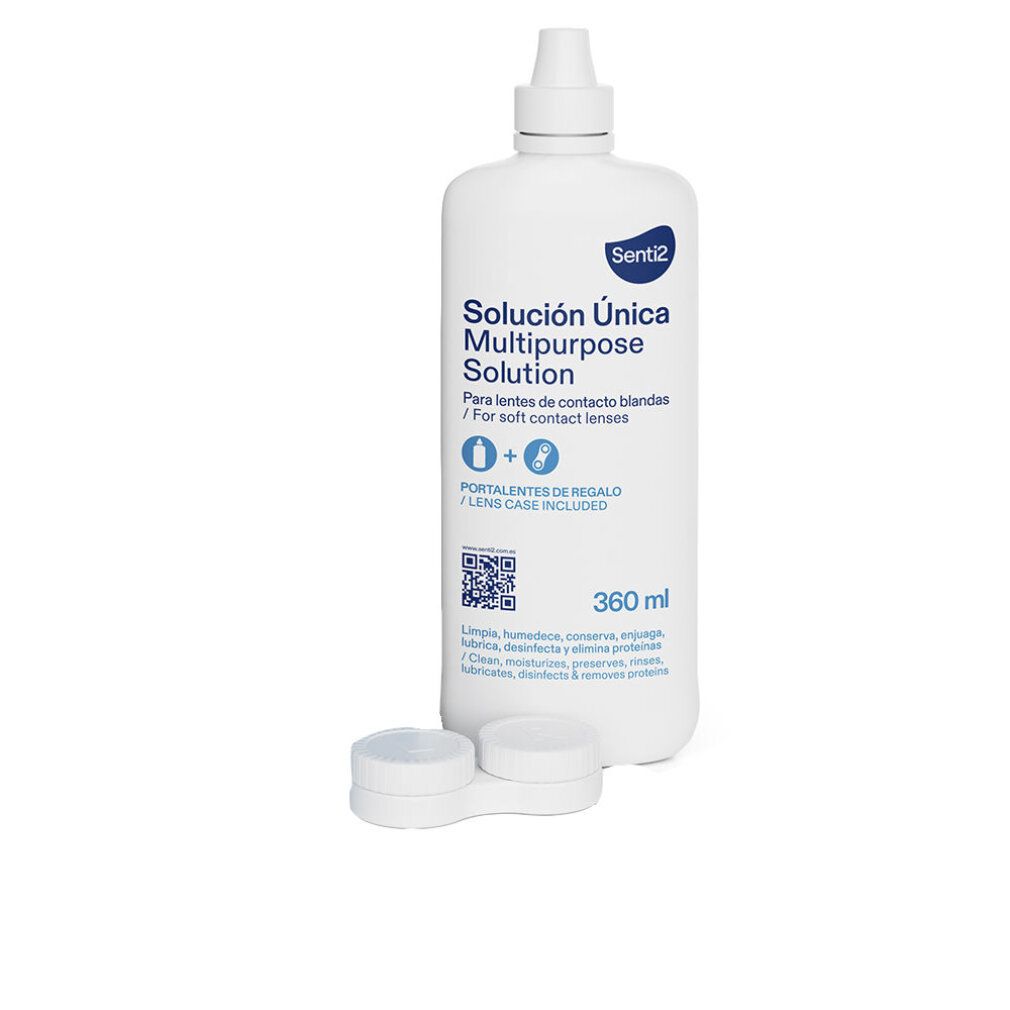 Flacone bianco con etichetta blu. Testo: Senti2, Solución Única, 360 ml. Per lenti morbide. Con contenitore.