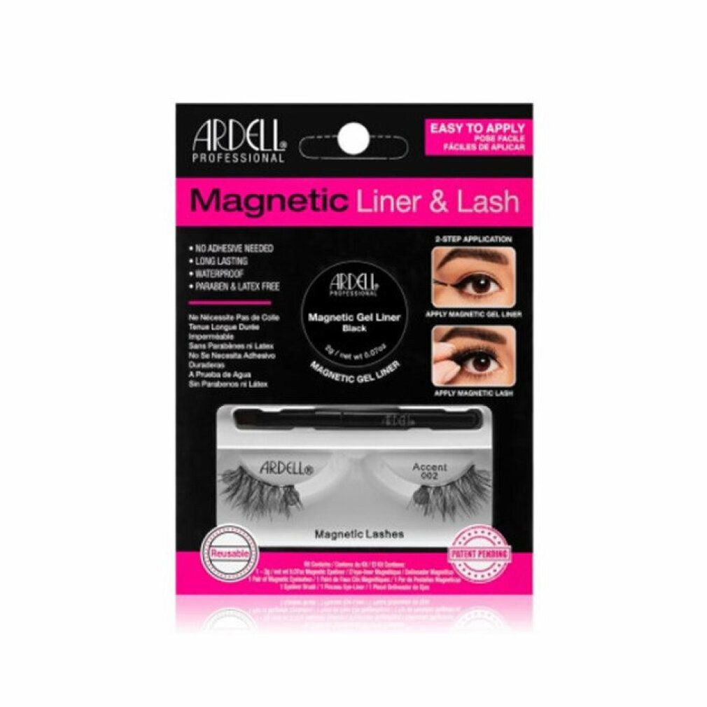 Confezione Ardell Magnetic Liner & Lash. Contiene eyeliner gel magnetico, ciglia e applicatore. Nome del prodotto ed esempi di applicazione.