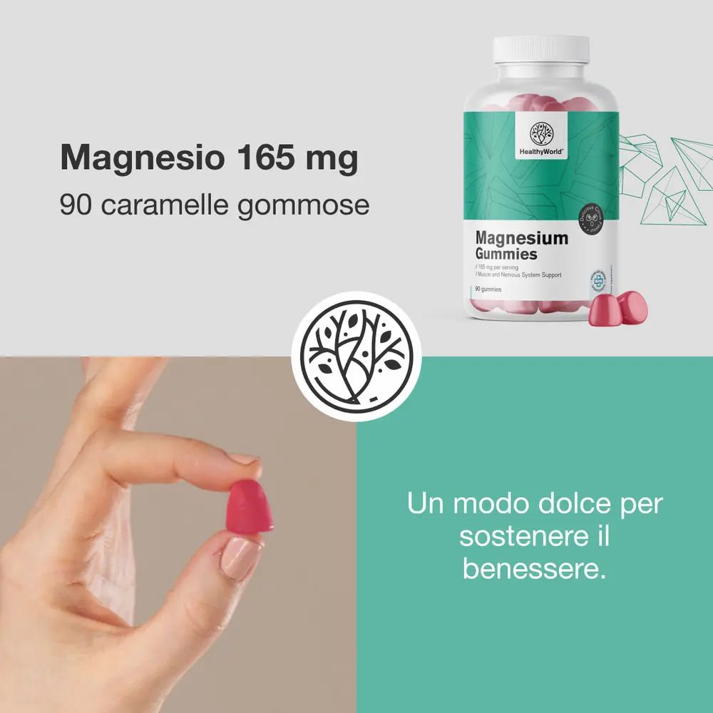 Mano che tiene una caramella gommosa rosa. Flacone di Magnesium Gummies accanto. Testo: Magnesio 165 mg, 90 caramelle.