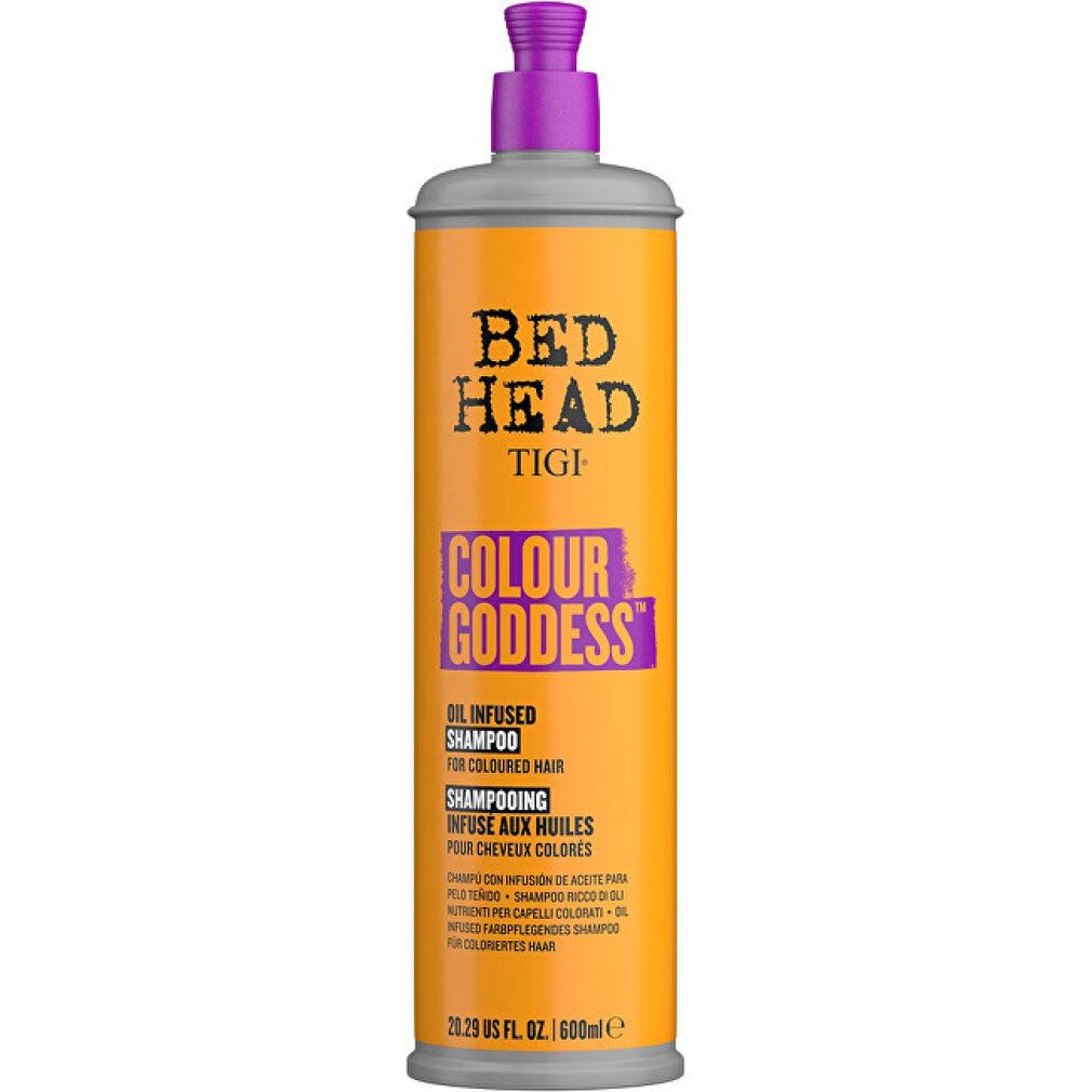 Flacone di shampoo giallo-arancio con pompa viola. Scritta: Bed Head Tigi Colour Goddess. Testo multilingue.