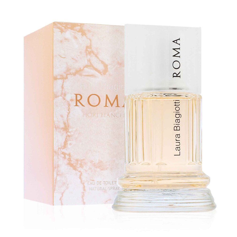 Flacone e confezione Laura Biagiotti Roma Fiori Bianchi Eau de Toilette.