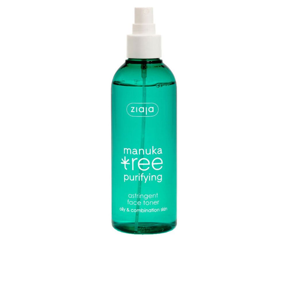 Flacone verde con vaporizzatore. Scritta: Ziaja, manuka tree purifying, astringent face toner, per pelli grasse e miste.