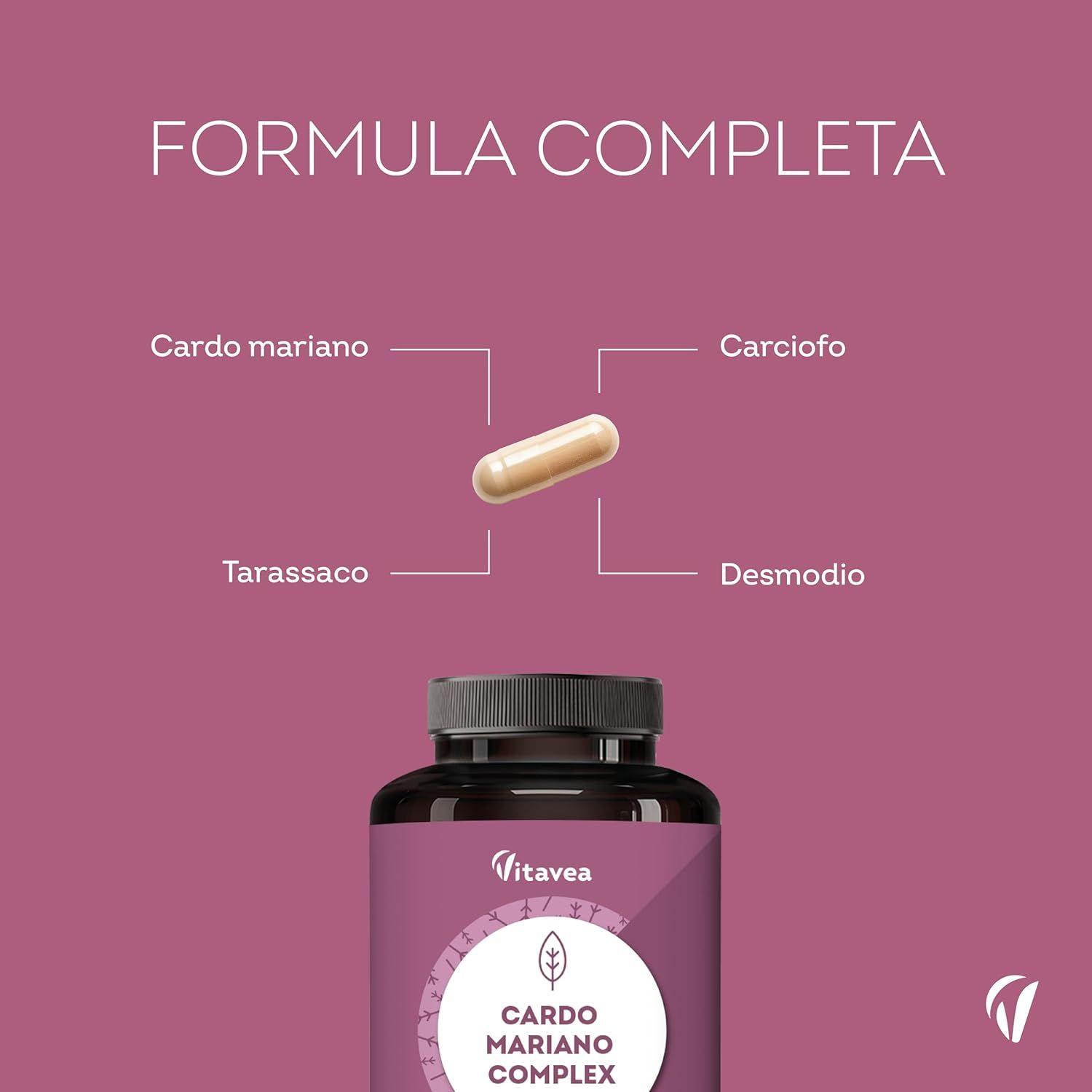 Capsula sopra il flacone. Testo: Formula per la salute del fegato. Cardo Mariano, Carciofo, Tarassaco, Desmodio.