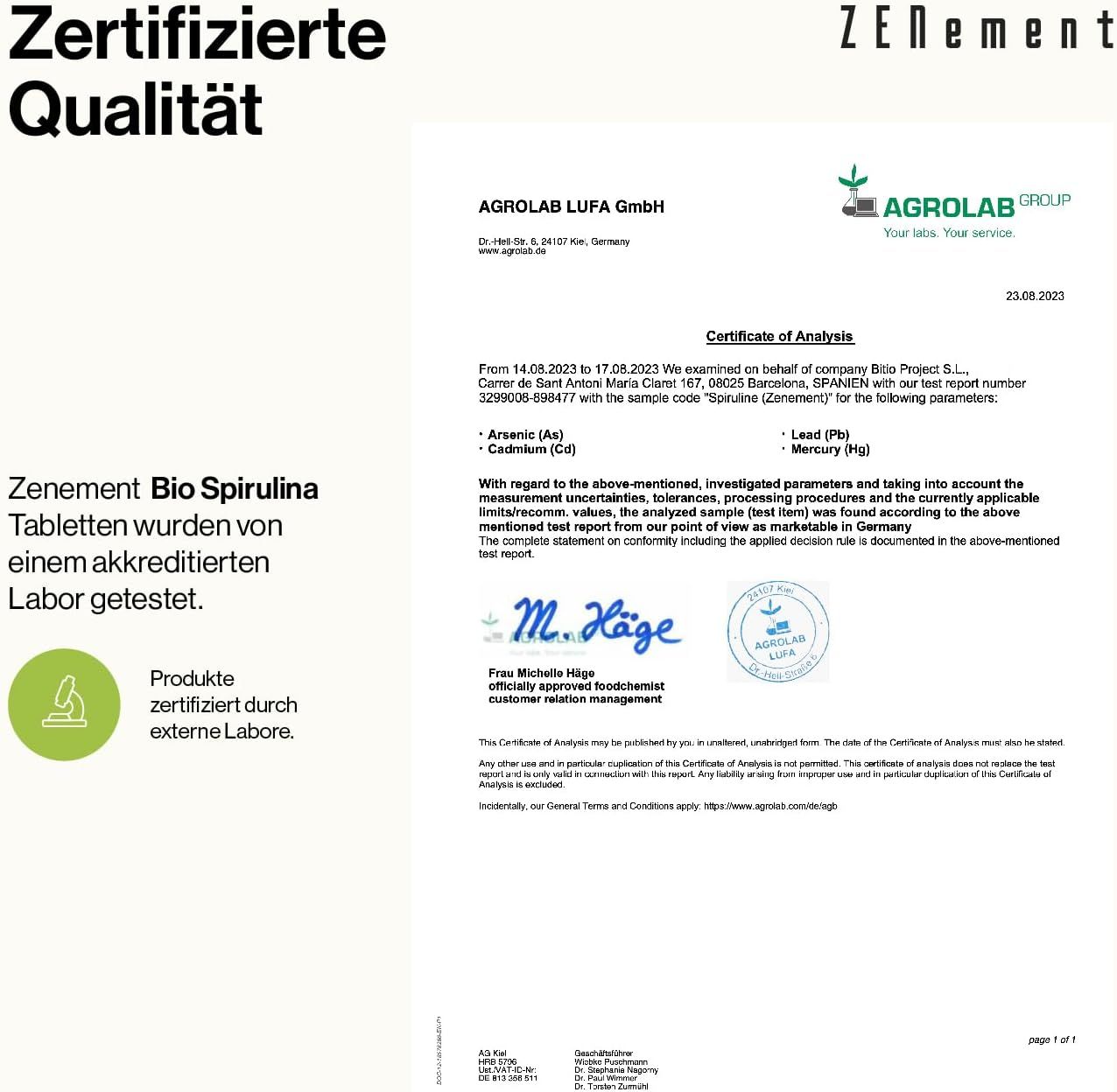 Documento di certificazione di Agrolab LUFA GmbH. Testo: Le compresse di spirulina bio Zenement sono state testate da un laboratorio accreditato.
