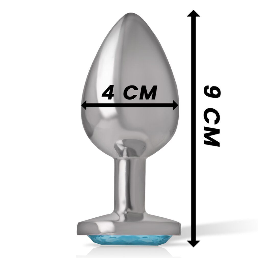 Plug anale argentato con cristallo blu a forma di cuore e base in metallo.