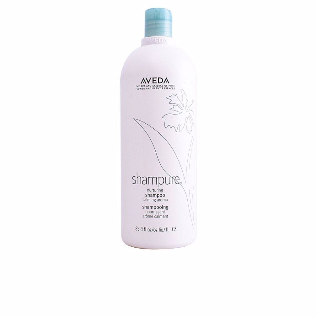 Flacone di shampoo bianco con tappo blu. Scritte: Aveda, Shampure, shampoo nutriente. Decorazione floreale.