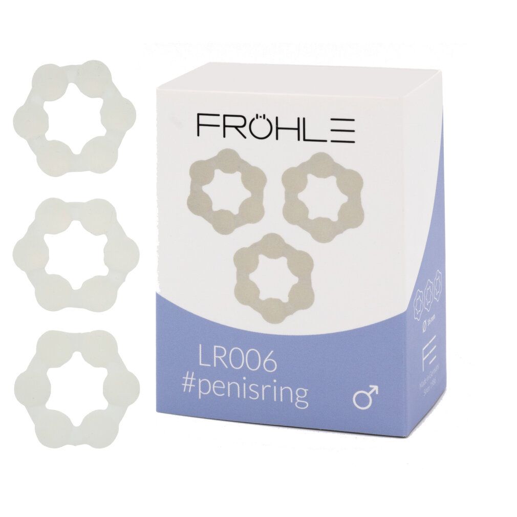 Tre anelli per pene Fröhle, modello LR006, su sfondo bianco.