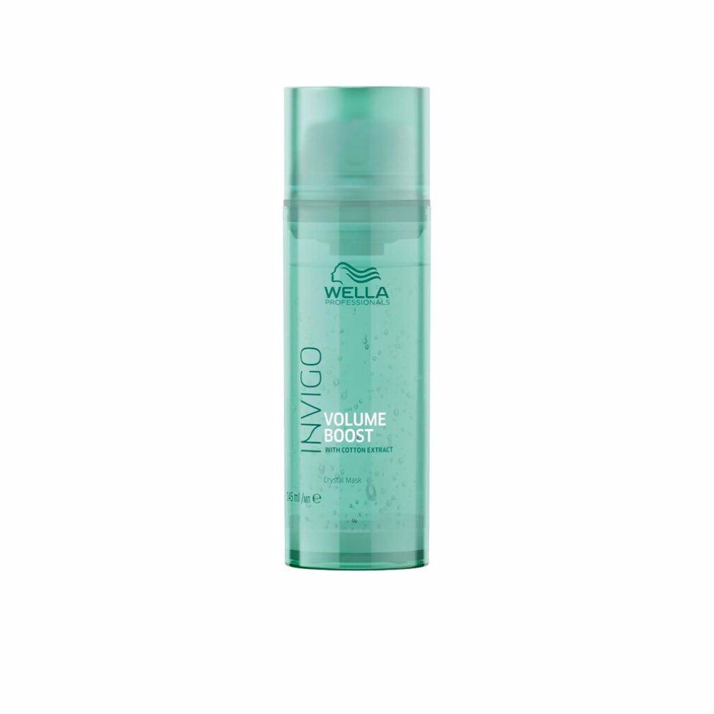 Flacone turchese con logo Wella Invigo e testo. Nome prodotto: Volume Boost Crystal Mask. Con estratto di cotone. 200 ml.