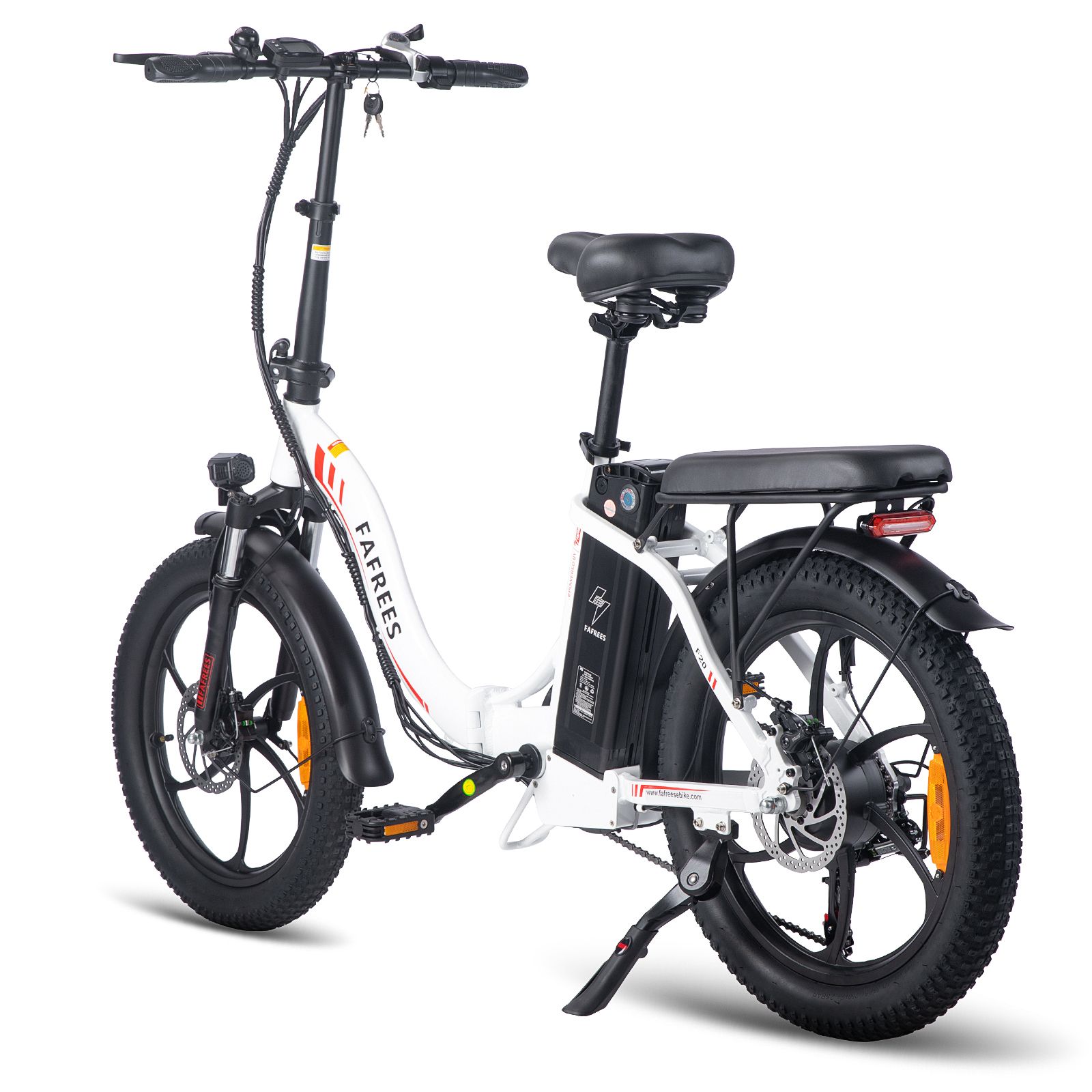 E-bike pieghevole FAFREES F20, bianco, pneumatici neri, logo rosso. Freni a disco, portapacchi, parafanghi, catarifrangenti arancioni.