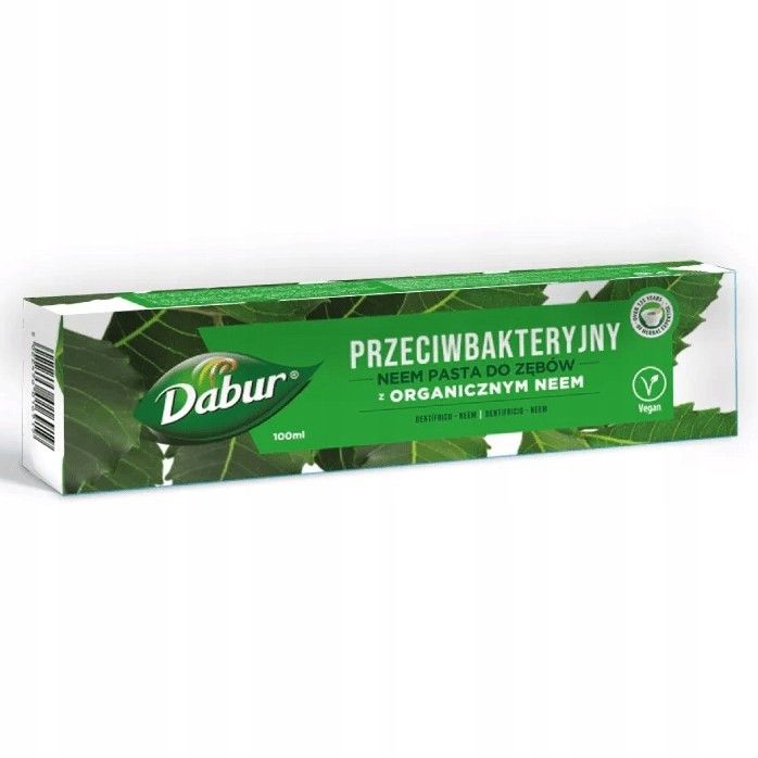 Dabur Dentifricio Neem Biologico, antibatterico con neem biologico. Confezione verde con foglie di neem.