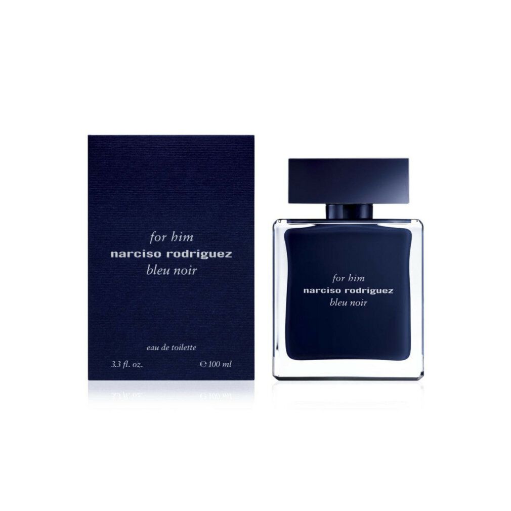 Scatola e flacone blu scuro. Scritta: For Him, Narciso Rodriguez, Bleu Noir. Eau de toilette.