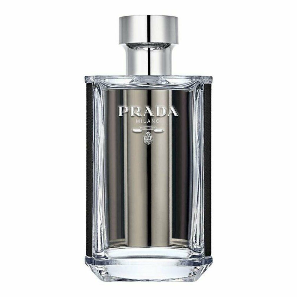 Flacone Prada L'Homme Eau de Toilette. Flacone trasparente con tappo argentato. Dettagli neri sui lati.