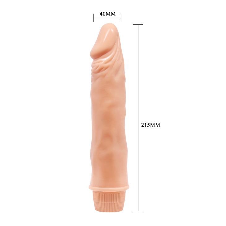 Dildo beige. Dimensioni: 215 mm di lunghezza, 40 mm di diametro.