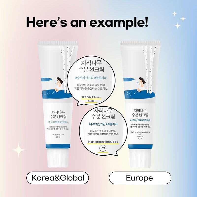 Due tubi con testo. Testo: Ecco un esempio! Corea & Globale, Europa. Testo coreano. SPF 50+ PA++++.