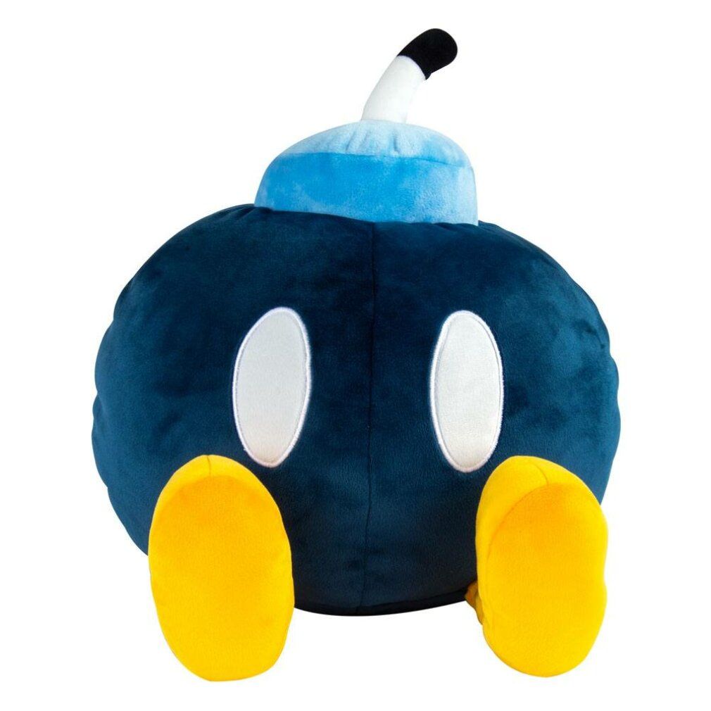 Peluche Bob-omb blu con piedi gialli, lati marroni e dettagli bianchi. Stoppino blu e bianco in cima.