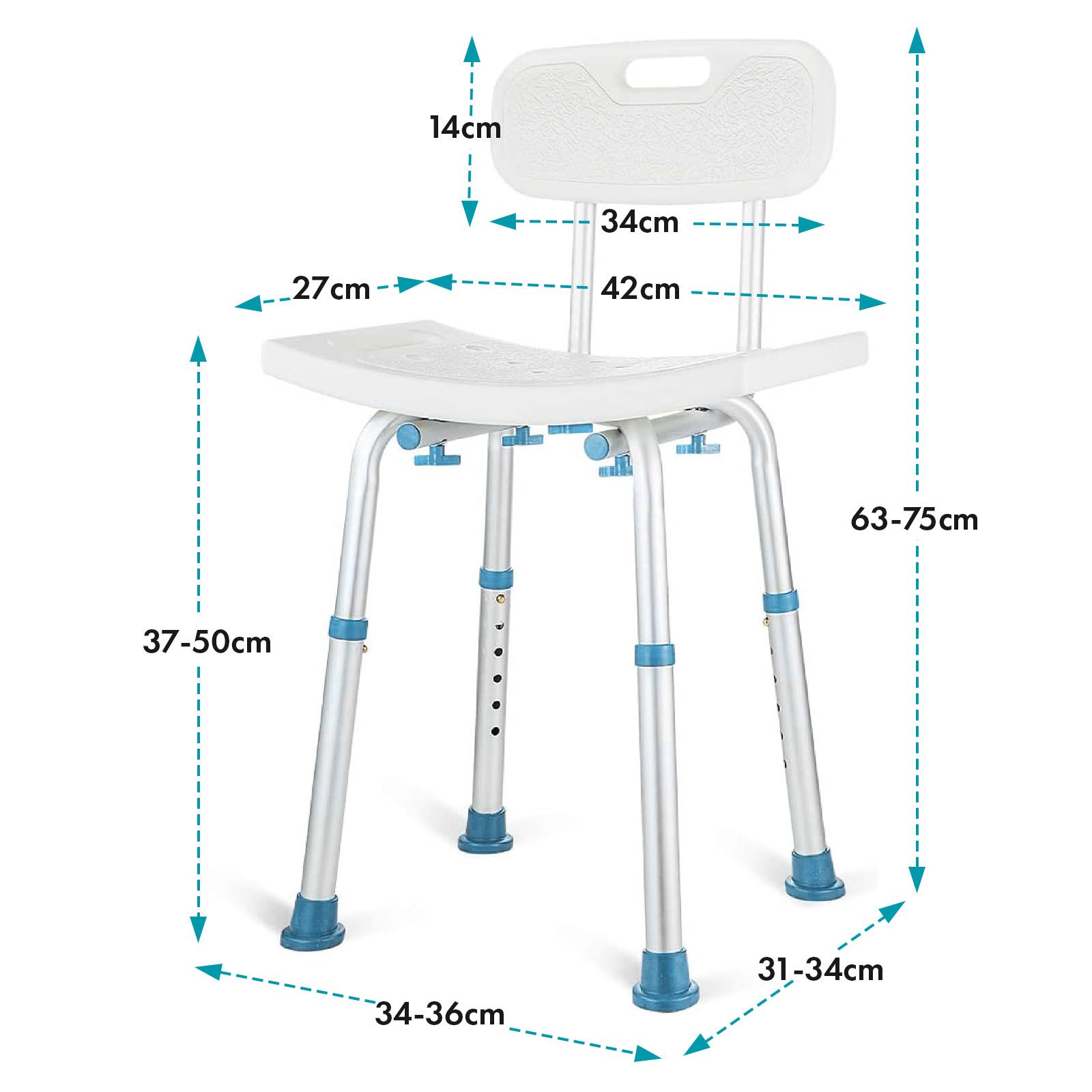 Sedia da doccia con schienale. Dimensioni: 14x34x42 cm. Regolabile in altezza. Bianca.