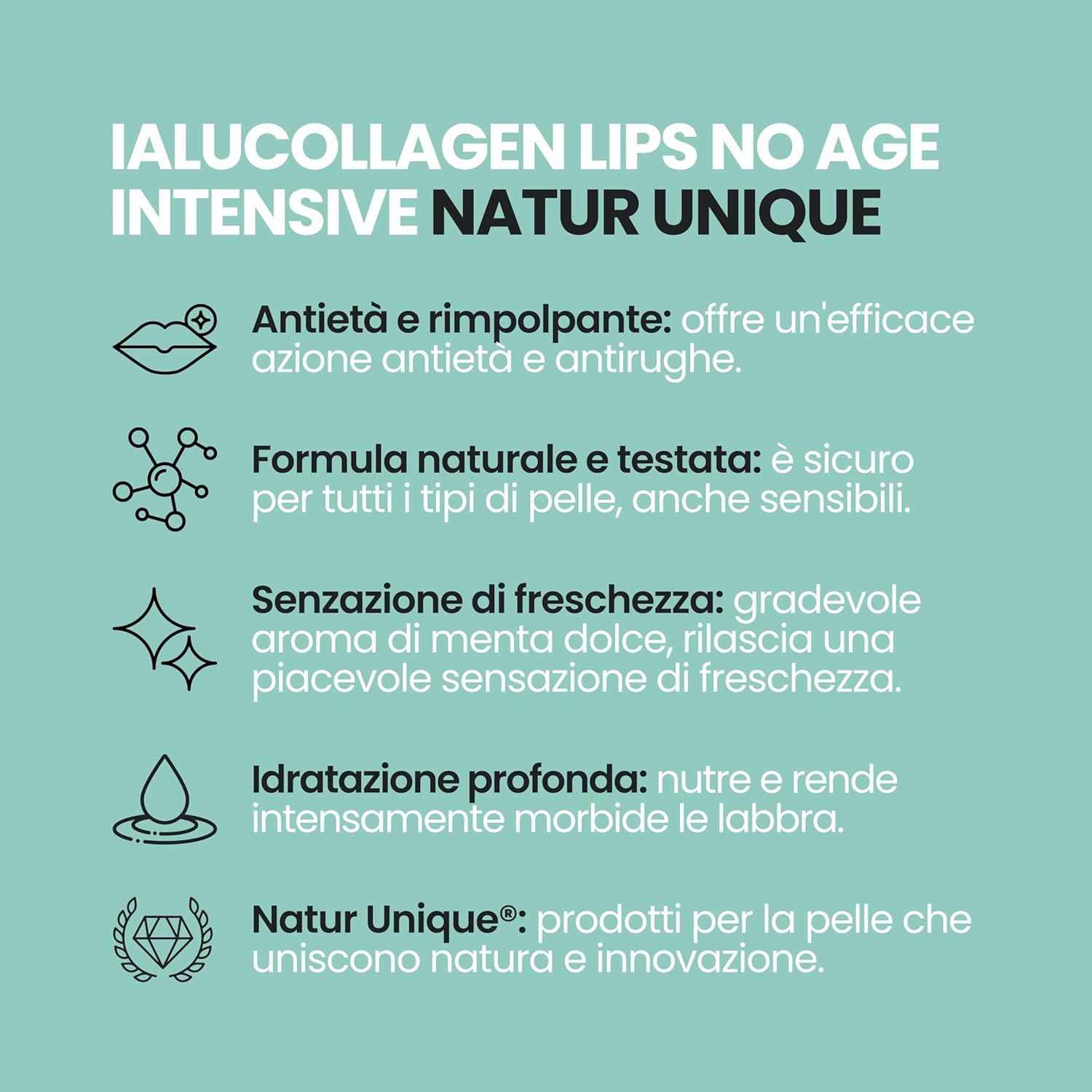 Testo su Ialucollagen Labbra, anti-età, formula naturale, sensazione di freschezza e idratazione.