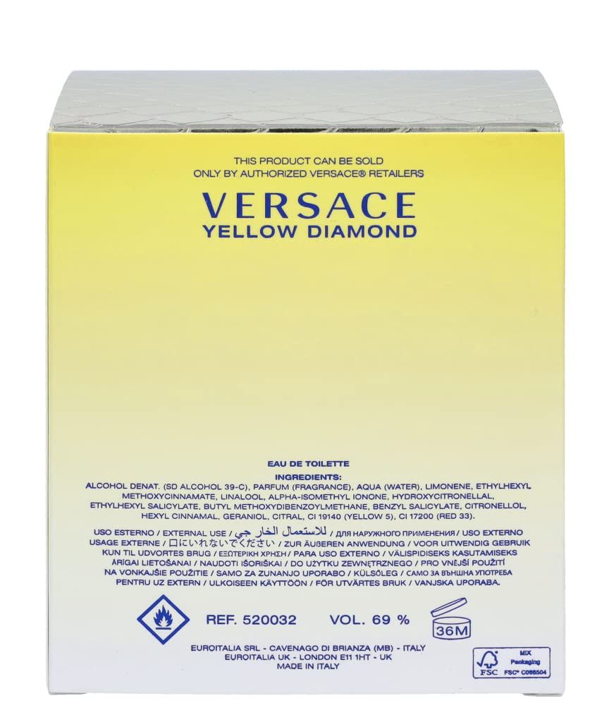 Retro della confezione di Versace Yellow Diamond. Testo e loghi su sfondo giallo.