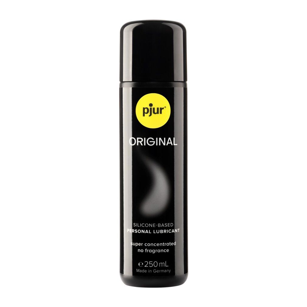 Flacone nero con logo giallo. Scritta: pjur ORIGINAL, SILICONE-BASED PERSONAL LUBRICANT, super concentrated no fragrance, e 250mL. Prodotto in Germania.