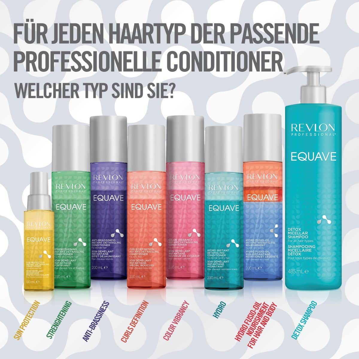 Serie Revlon Equave Conditioner. Diversi flaconi. Testo: Il balsamo professionale adatto a ogni tipo di capello.