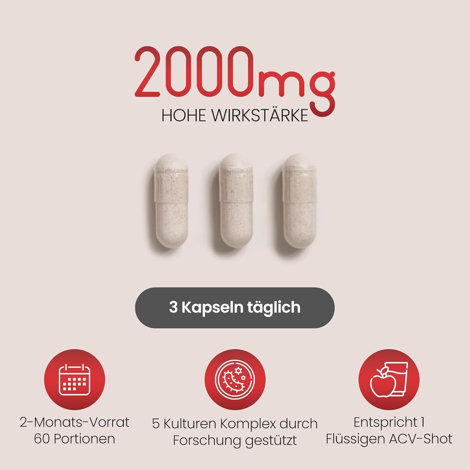 Tre capsule su sfondo rosso. Testo: 2000mg, alta potenza. 3 capsule al giorno. 2 mesi di fornitura, 60 porzioni.