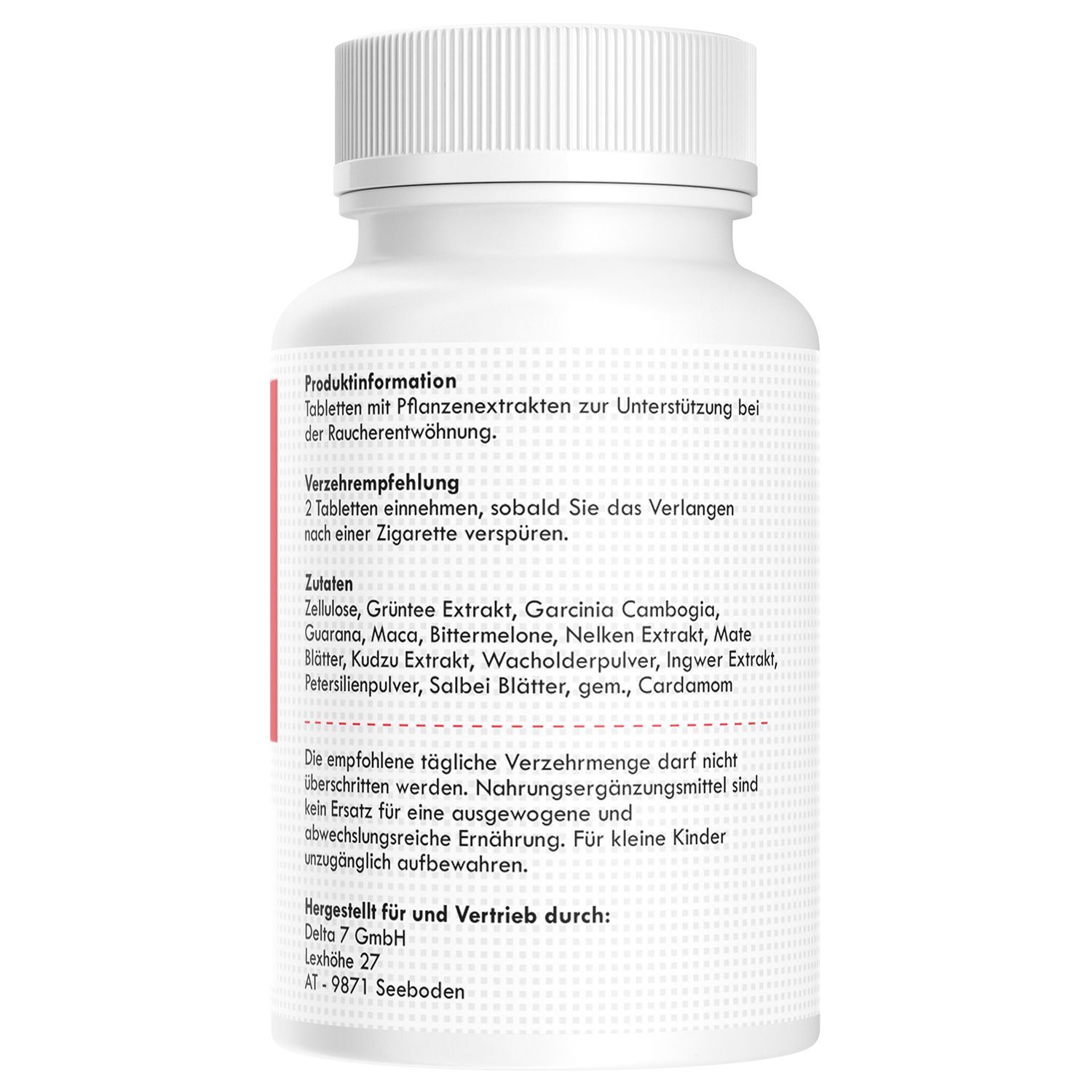 Retro di un flacone di compresse bianco. Testo: Informazioni sul prodotto, raccomandazioni per l'uso, ingredienti, prodotto da Delta 7 GmbH.