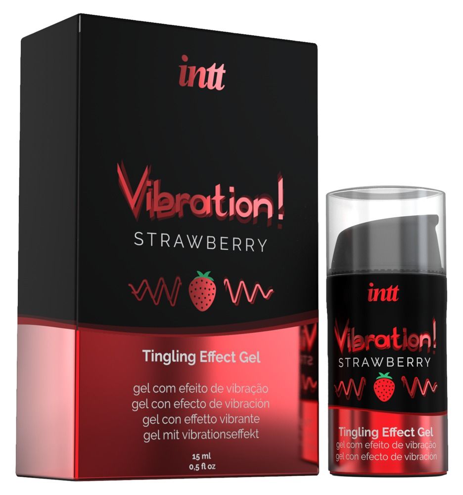 Confezione e flacone. Nome prodotto: Vibration! Strawberry Tingling Effect Gel. Marchio: INTT. Confezione e flacone neri.