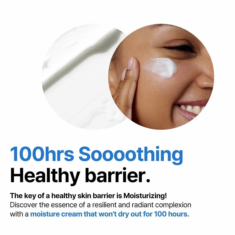 Primo piano di crema sulla pelle e testo: "100hrs Soooothing Healthy barrier". Il testo descrive l'idratazione.