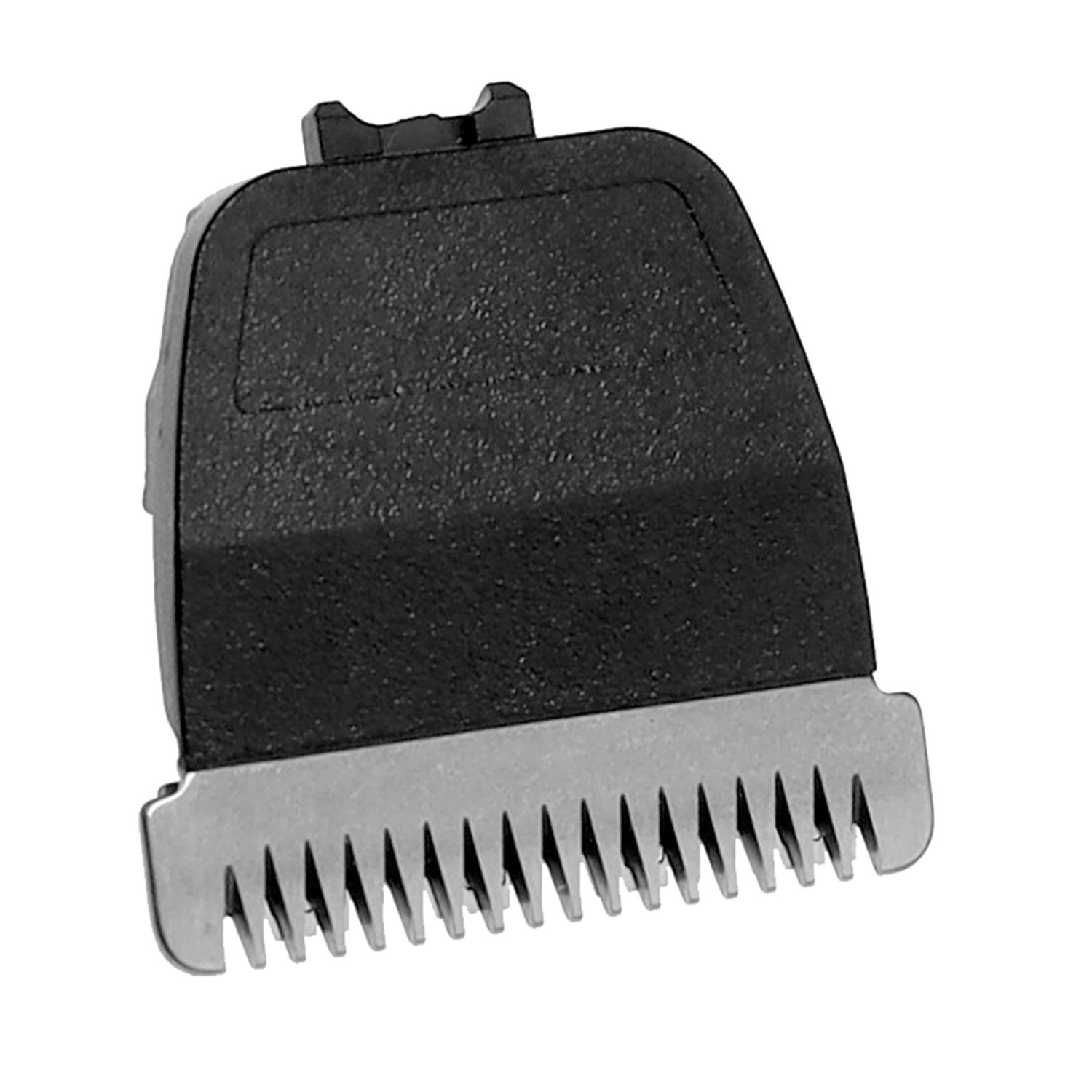 Alloggiamento in plastica nera con lama in metallo. La lama ha bordi taglienti dentati.