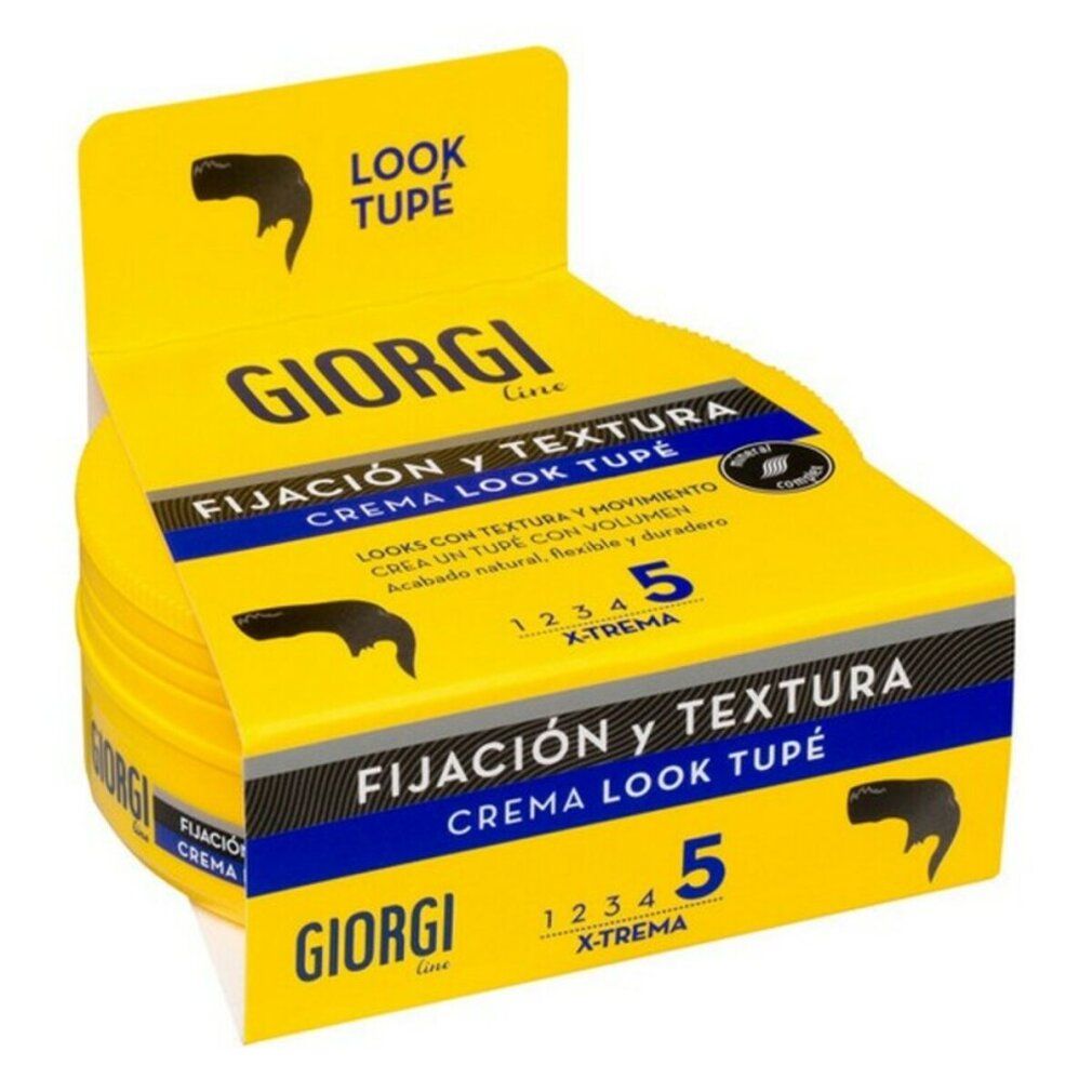 Confezione gialla Giorgi Line Fixation And Texture Cream Look Toupee n5. Testo: "Fijación y Textura", "5 X-TREMA".