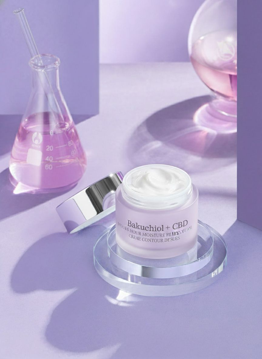 Vasetto di crema per occhi aperto su una piastra di vetro. Coperchio accanto. Sullo sfondo, attrezzature di laboratorio e sfondo viola.