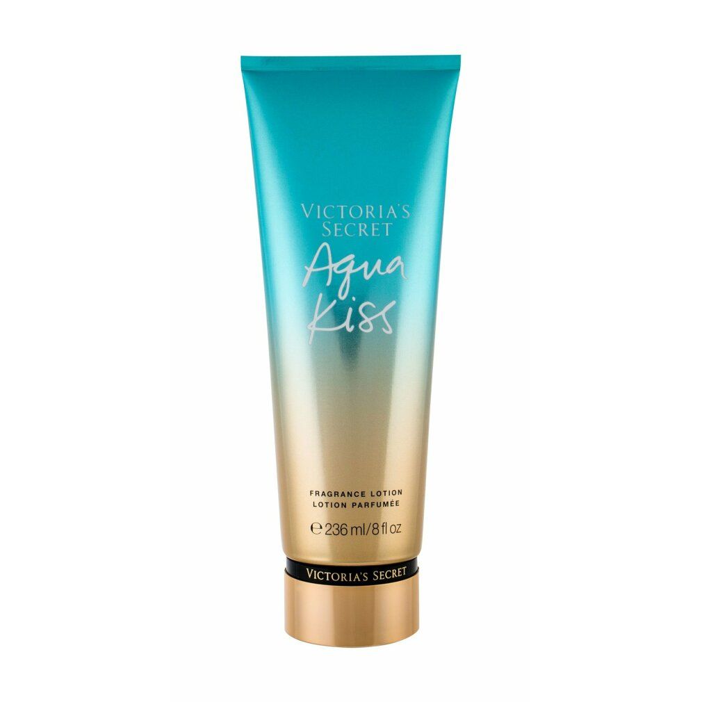 Tubo di lozione sfumato blu-oro. Scritta: Victoria's Secret Aqua Kiss, Fragrance Lotion. Volume: 236ml/8 fl oz.