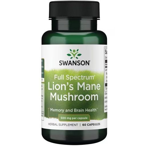Flacone verde di capsule. Scritta: Swanson, Full Spectrum Lion's Mane Mushroom, 500 mg per capsula.
