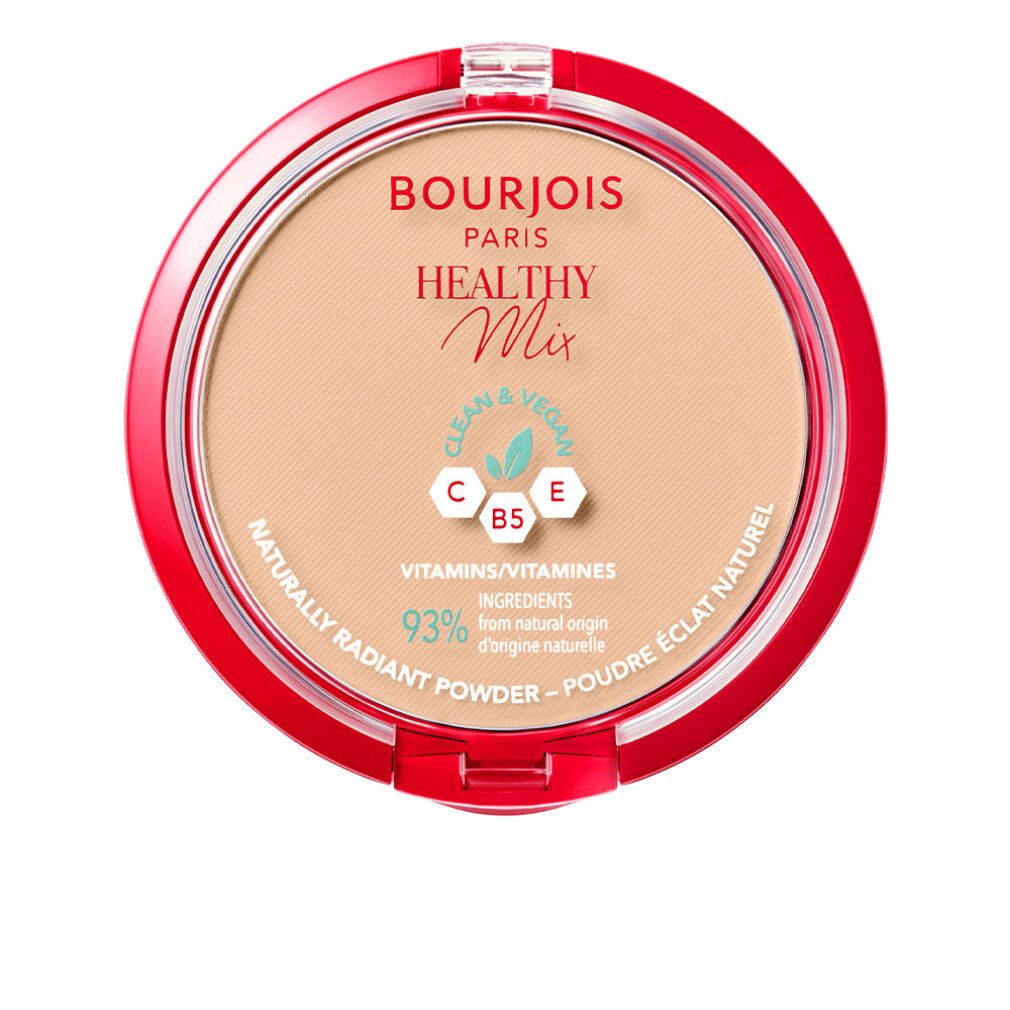 Contenitore rotondo rosso con polvere. Scritta: Bourjois Paris Healthy Mix. Vegano, 93% ingredienti naturali.