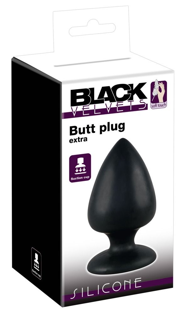 Confezione per un tappo anale in silicone nero con ventosa.