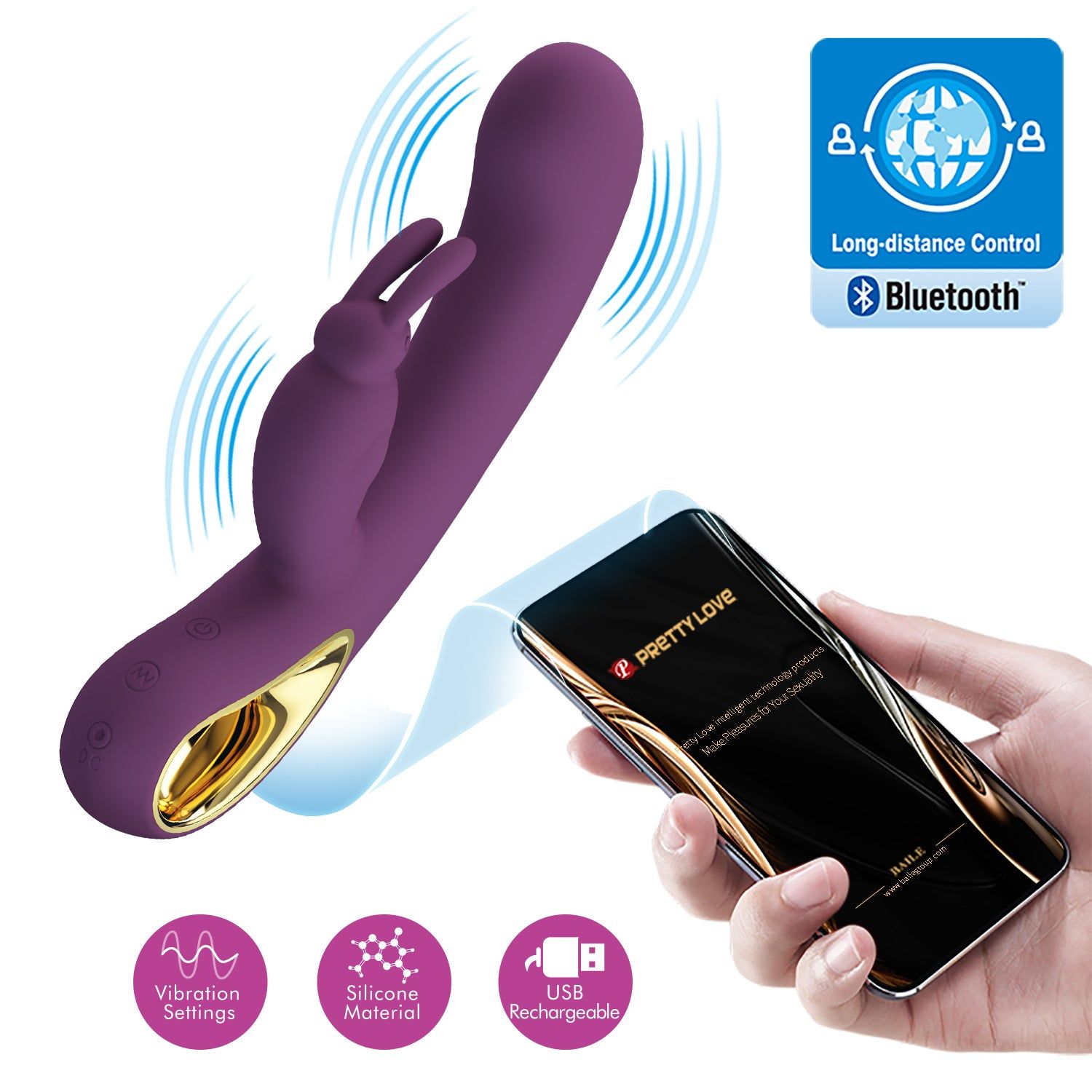 Vibratore viola con design a orecchie di coniglio, dettaglio dorato e controllo smartphone.