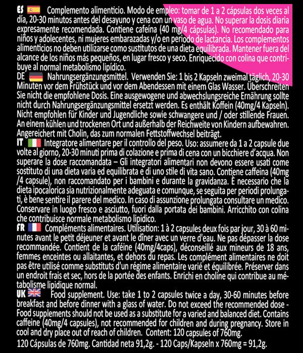 Testo su sfondo nero. Raccomandazioni di dosaggio, avvertenze e informazioni sugli ingredienti. Testo multilingue.