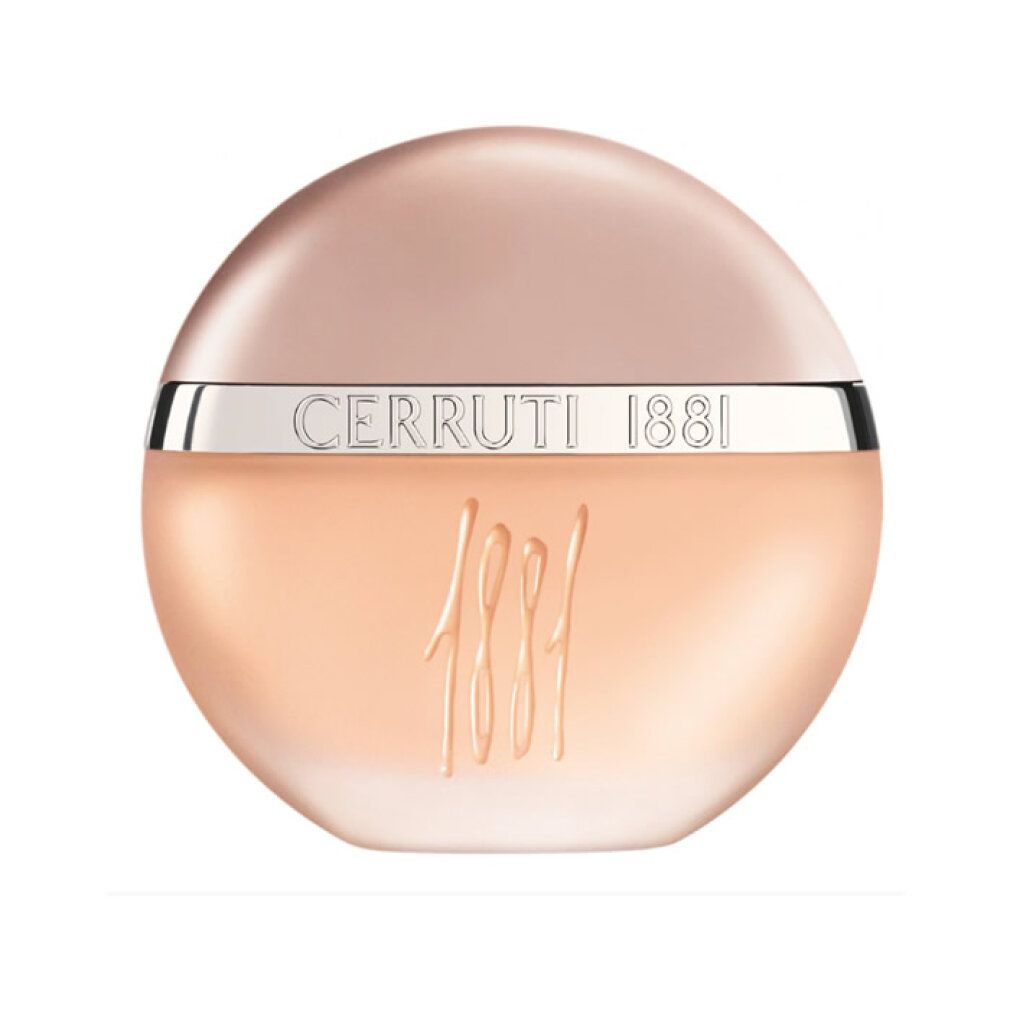 Flacone rotondo con contenuto rosa, anello argentato "Cerruti 1881" e tappo dorato.
