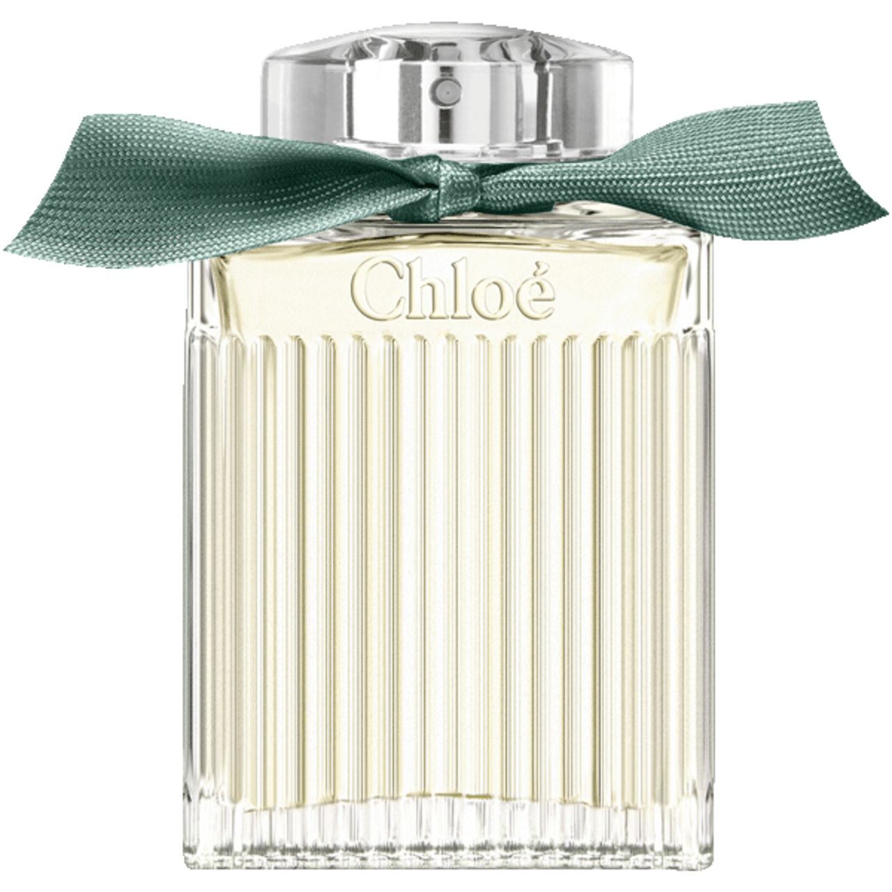 Flacone di profumo Chloé con nastro verde. Forma rettangolare con superficie scanalata. Flacone in vetro trasparente con tappo argentato.