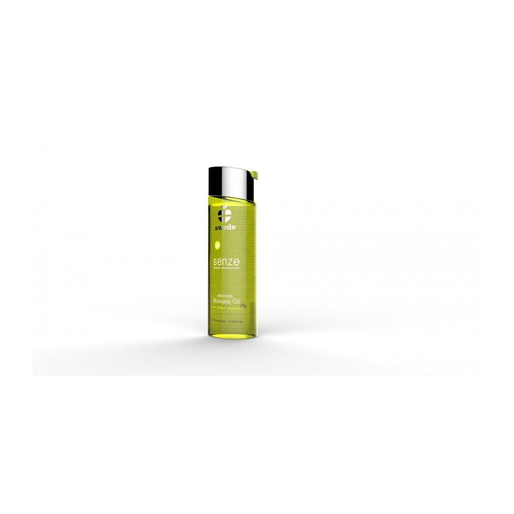 Flacone di olio da massaggio Swede Senze, da lontano, con tappo argentato e dispenser verde.