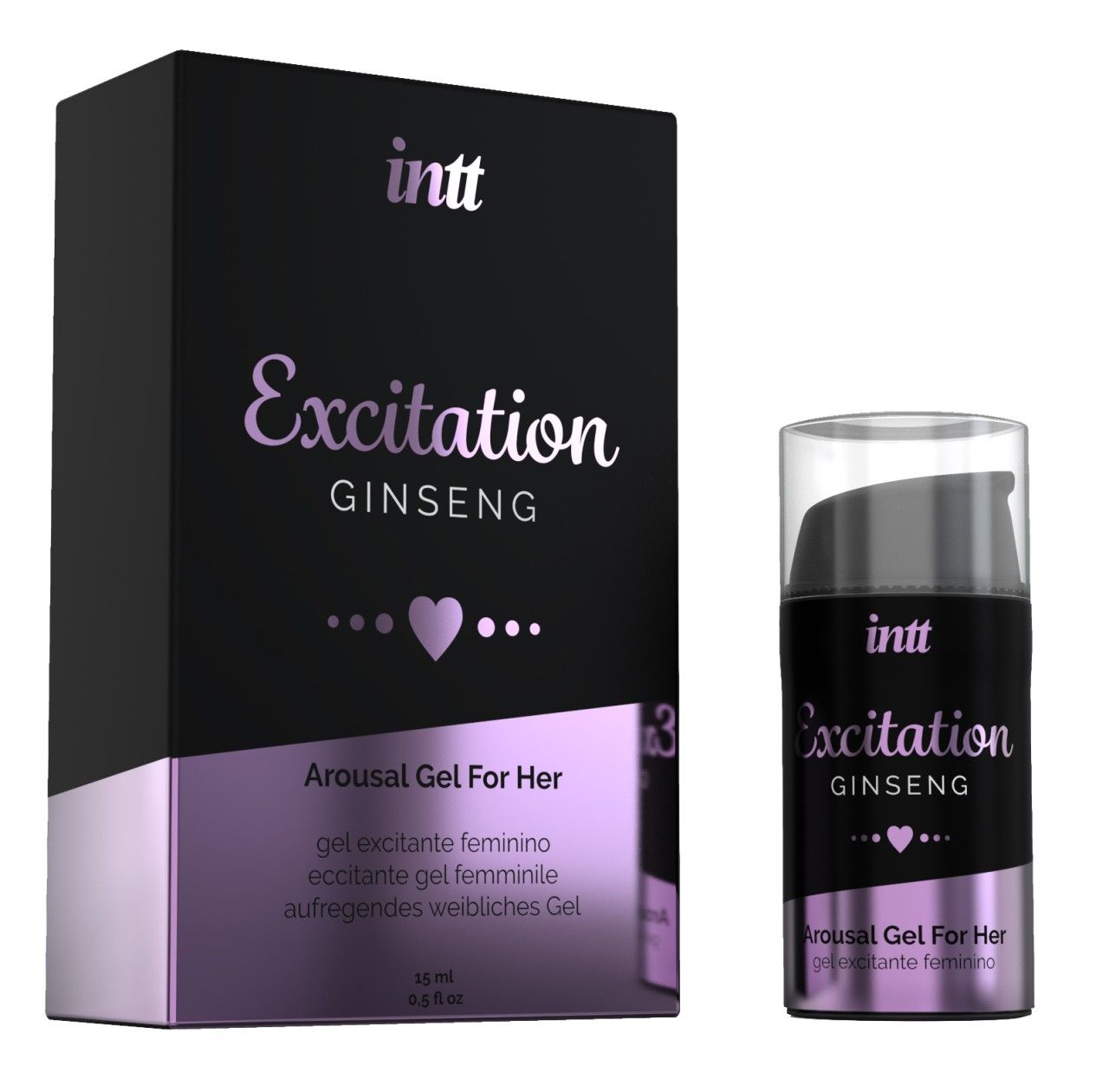 Confezione e flacone di Intt Excitation Gel con erogatore, 15ml.