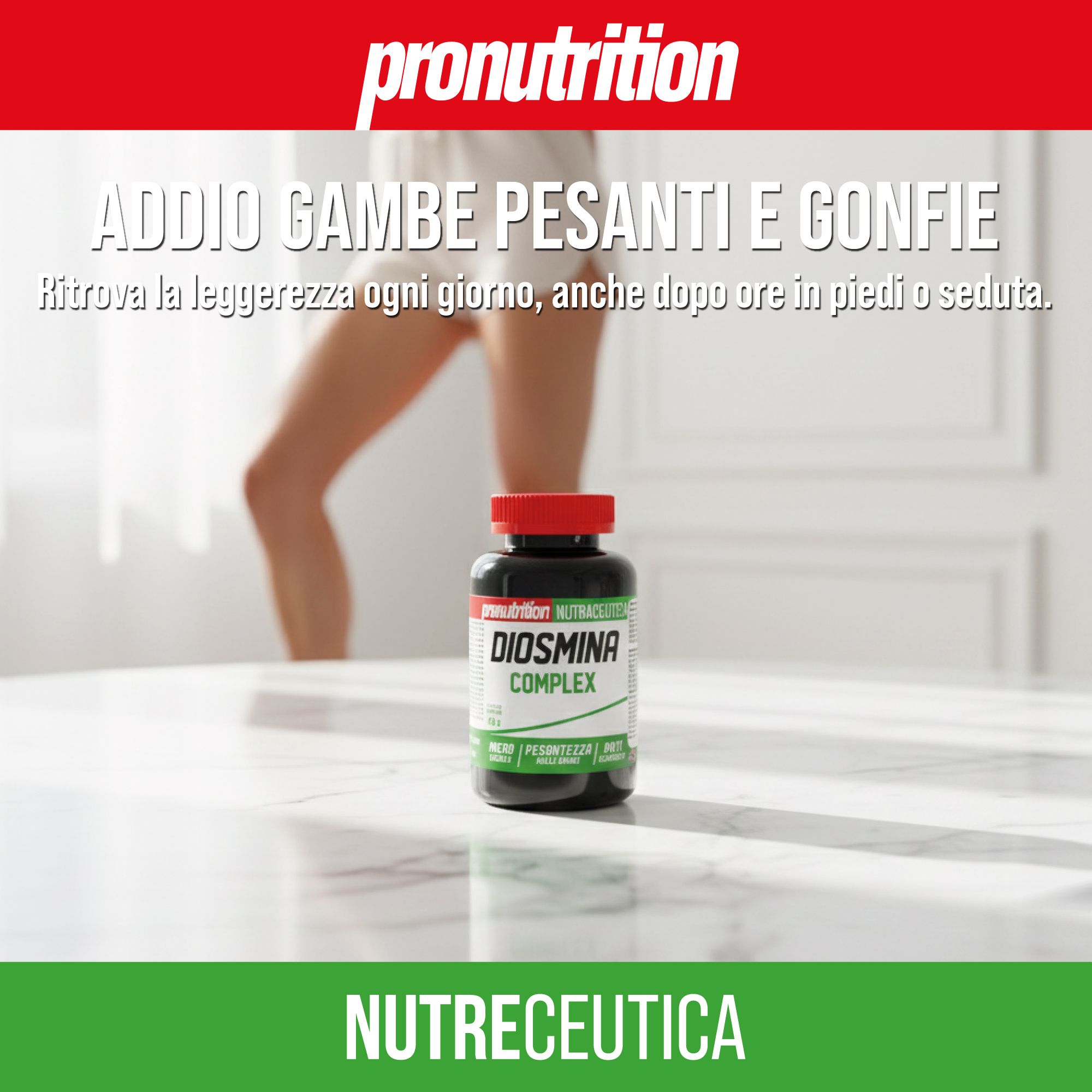 Pronutrition Diosmina Complex: contenitore scuro con tappo rosso su un tavolo.