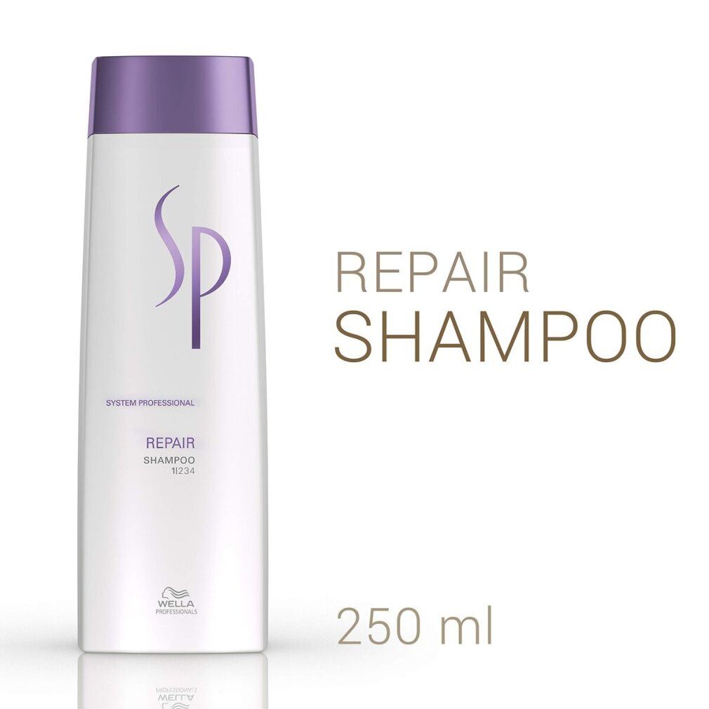 Flacone di shampoo bianco e viola. Scritta SP, Repair Shampoo, 250 ml. Flacone in posizione verticale.