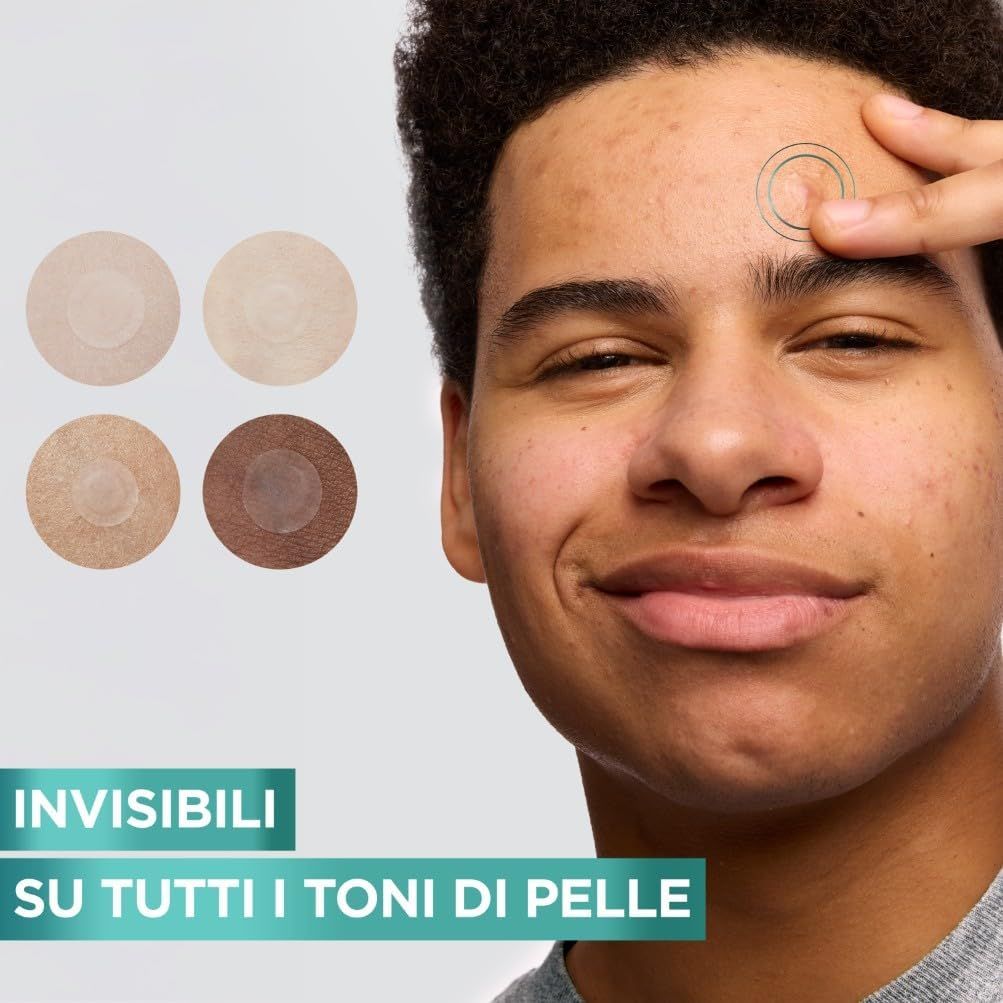 Uomo con pelle. Quattro cerotti rotondi colorati. Testo: 'Invisibili su tutti i toni della pelle'.