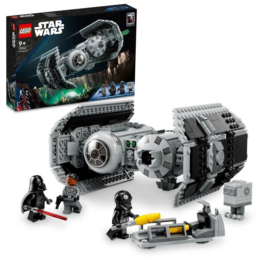 LEGO Star Wars 75347 TIE Bomber. Modello di astronave grigia e minifigure. Confezione sullo sfondo. Età: 9+.