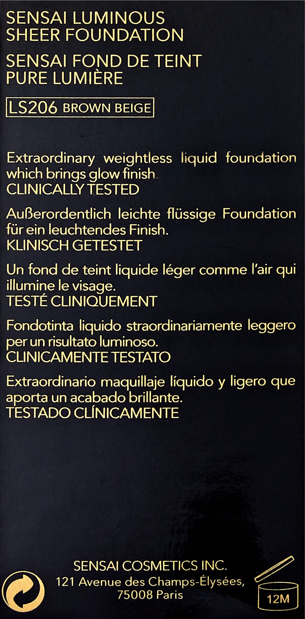 Confezione nera con testo. Scritta: Sensai, Luminous Sheer Foundation, LS206 Brown Beige, Clinicamente testato.