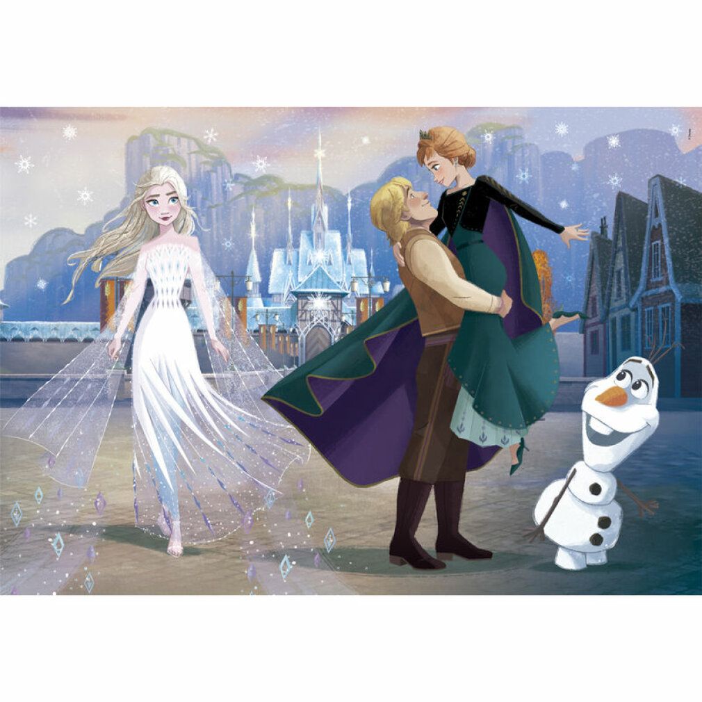 Puzzle Frozen. 24 maxi pezzi. Personaggi: Elsa, Anna, Kristoff e Olaf. Sfondo: castello e paesaggio innevato.