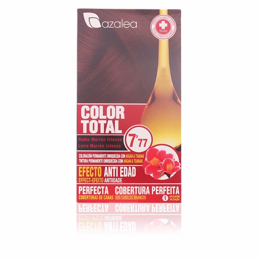 Confezione di tinta per capelli Azalea Color Total 7.77. Logo croce rossa. Testo: 'Color Total', 'Efecto Anti Edad', 'Cobertura Perfecta'.